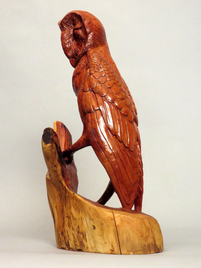 Red Barn Owl. Hand Carved Cedar Sculpture 17" x 8"