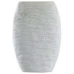 Harp and Finial - Delphi Vase Tall Cream Finish on Ceramic - Featuring a tall, curved shape and a textured cream finish on the ceramic body, the Delphi Vase is a decorative piece the defines transitional style. Tall and stately, this vase is ideal for a living room, family room, or dining room, and it also works well in a bedroom, foyer, or hallway. The symmetrical silhouette of this large vase draws attention, so you can display it alone or use it to hold sprigs, flowers, or leaves.