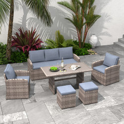 Patio Dinning Table Set Outdoor Dining Set (Light Brown Wicker Grey Cushion) - Outdoor Dining Sets