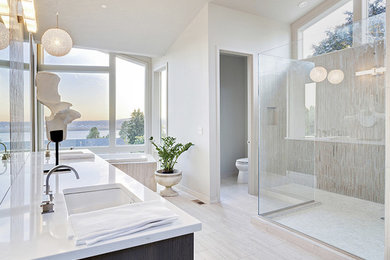 Inspiration for a large transitional master multicolored tile and matchstick tile porcelain tile and beige floor bathroom remodel in Phoenix with gray walls, an undermount sink, quartz countertops, a hinged shower door and white countertops