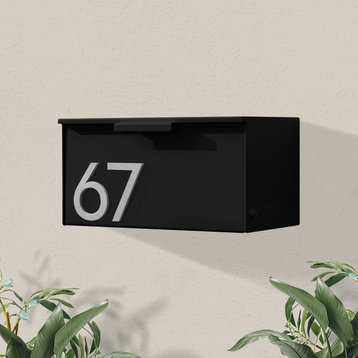 Short Stack Wall Mounted Mailbox + House Numbers, Black, Silver Font