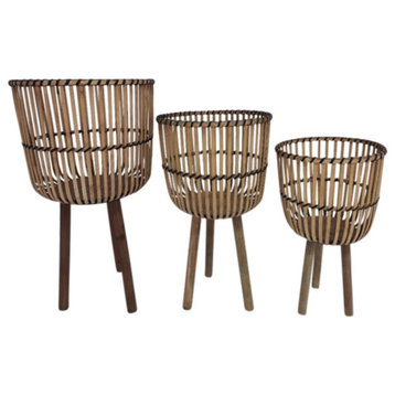 3-Piece Set Bamboo Footed Planters, Natural
