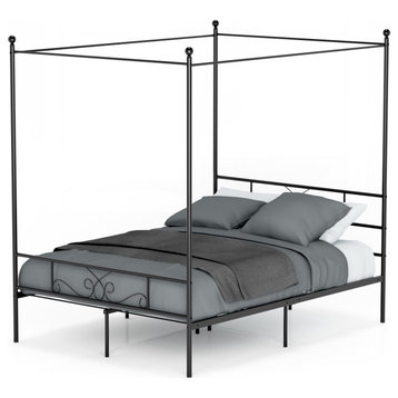 Queen Canopy Bed, Top Ball Design With Metal Slats & Scrolled Headboard, Black