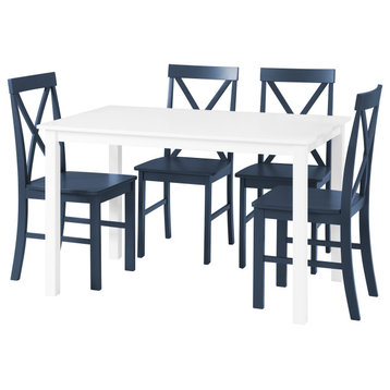 5-Piece Solid Wood Farmhouse Dining Set, White/Navy