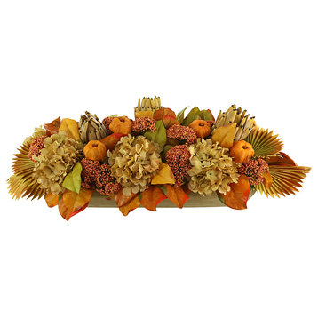 Fall Arrangement with Hydrangeas, Protea and Pumpkins in a Wooden Dough Bowl