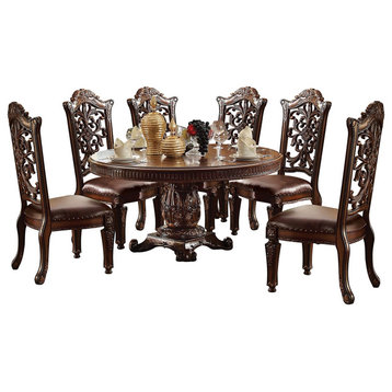 7 Pieces Dining Set, Round Pedestal Table & Unique Carved Back Chairs, Brown
