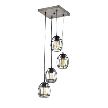 4-Light Black and Wood Cluster Cage Pendant