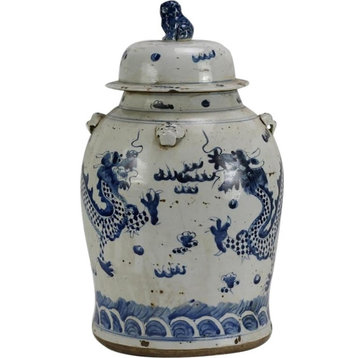 Temple Jar Vase Vintage Dragon Small Blue White Ceramic H
