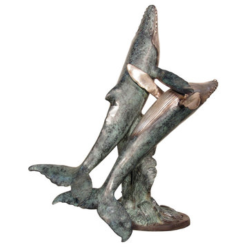 Pair Of Swimming Whales  Bronze Sculpture With Marble Base