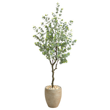 5' Eucalyptus Artificial Tree, Sandstone Planter