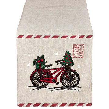 Classic Postage Stamp Christmas Design Table Runner. 13"X72" , Red Bicycle