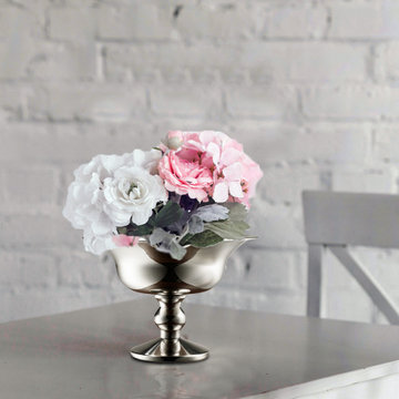 Polished Silver Floral Urn, Decorative Pedestal Vase, 10" Diameter & 7.25" Tall