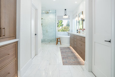 Large trendy double-sink bathroom photo in Sacramento with recessed-panel cabinets, medium tone wood cabinets, quartz countertops, white countertops and a built-in vanity
