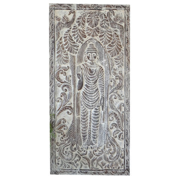 Consigned Vintage Buddha Carved Door, Whitewash Hand Carved Rustic Barn Door