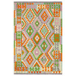 Bareens Designer Rugs - Southwestern Turkish Kilim Jackson Hand-Woven Wool Rug -4'0'' x 5'10'' - Elevate the elegance of your home with this stunning hand-woven tribal Kilim wool rug. Meticulously crafted on a loom by the Nomad Turkman people using hand-spun wool and 100% natural vegetable dyes, these rugs are recognized for their repetitive geometric patterns, incorporating naturalistic floral and traditional designs. The contemporary fashion palette results in bold, sharp patterns that are incredibly versatile, as the pattern is the same on both sides. These reversible rugs feature a lighter shade on one side and brighter colors on the other, providing versatility according to preference. These unique rugs are made by knotting short strands of different colors onto the warps and securing them by tightly pressing the wefts. The designs are created by interweaving the various colored wefts and warps. Kilims are known for their exceptional durability and versatility, making them truly unique rugs.  Product Details    Rug Size: 4'0'' x 5'10''  Material: 100% Wool  Style: Kilim, Flat Weave, Dhurrie, Turkish, Southwestern, Rustic, Tribal  Colors: Orange, Blue  Weave Type: Hand-Woven, Handmade  Pile Height: Less than 0.25 inch