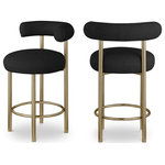 Meridian Furniture - Bordeaux Upholstered Stool, Black, Boucle Fabric, Brushed Brass, Set of 2 - Give your kitchen counter or home bar a fresh face with this Bordeaux boucle fabric stool. This stool features rich black boucle fabric upholstery on the curved back and seat, so guests sit comfortably for pancake breakfasts or their favorite spirits. The iron metal frame is durable, tough, and sturdy, so it holds up to long-term enjoyment by family and friends. A brushed brass finish lends the stool an uber modern feel.