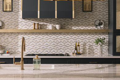 Example of a minimalist eat-in kitchen design in Toronto with gray cabinets, quartz countertops, white backsplash and white countertops