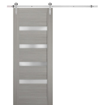 Barn Door 36 x 84, Quadro 4113 Grey Frosted Glass, Silver 6.6' Set