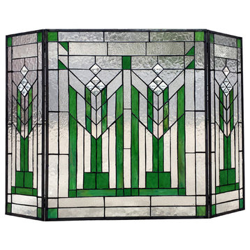 CHLOE Lighting Benjamin Mission 3pcs Folding Tiffany-glass Fireplace Screen, 38"