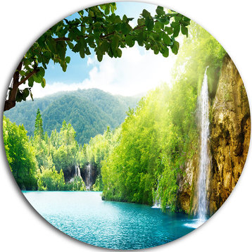 Waterfall In Deep Forest, Landscape Photography Round Wall Art, 11"