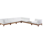 Meridian Furniture - Rio Water Resistant Fabric  Patio 6-Piece Modular Sectional, Off White - Build the seating group you need for your outdoor entertaining area with one or more selections from the Rio collection including this Rio outdoor off-white water resistant modular sectional. A solid acacia wood frame provides sturdy dependability for this sectional, ensuring its long-lasting performance and impeccable beauty. The plump cushions are encased in resilient water resistant fabric to keep them looking luxuriously beautiful for seasons to come. Attach other units in the collection to this sectional with convenient latches.