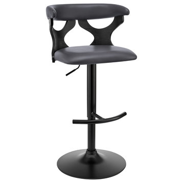 Ruth Adjustable Gray Faux Leather and Black Wood Bar Stool With Black Base
