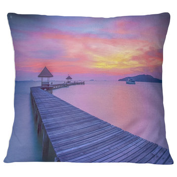 Purple Tinged Wood Bridge and Beach Pier Seascape Throw Pillow, 16"x16"