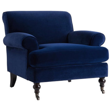 Modern Armchair, Navy Blue Padded Seat With Metal Casters on Front Legs