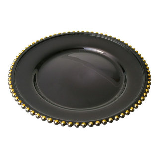 Set/4 THASSOS Black/Gold Mableized Glass Charger Plates 