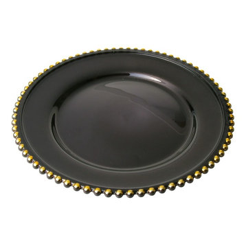 Classic Touch Black Chargers With Gold Beaded Rim, Set of 4