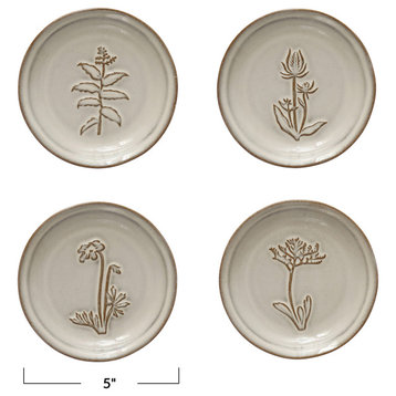 5" Round Dish, Reactive Glaze, 4 Flower Design Styles, Cream, Brown, Set of 12