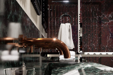 Cette photo montre une petite douche en alcôve principale chic avec un placard à porte affleurante, des portes de placard blanches, WC séparés, un carrelage rouge, du carrelage en marbre, un mur blanc, un sol en carrelage de porcelaine, une grande vasque, un plan de toilette en marbre, un sol blanc, un plan de toilette vert, du carrelage bicolore, meuble double vasque et meuble-lavabo sur pied.