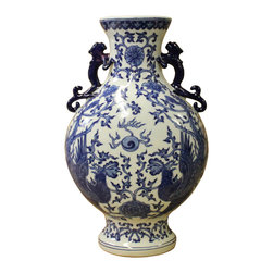 Blue & WhiteChinese Blue White Porcelain Floral Bird Flask Shape Vase - Vases