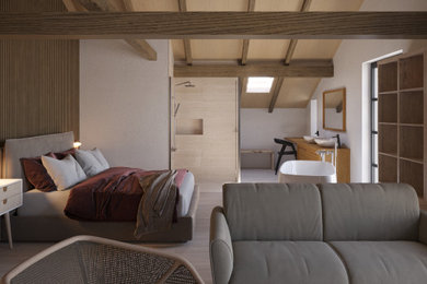 Imagen de dormitorio tipo loft y beige y blanco contemporáneo pequeño con paredes blancas, suelo de baldosas de cerámica, suelo marrón, vigas vistas y con escritorio