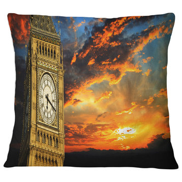 Big Ben UK London at Sunset Panorama Landscape Printed Throw Pillow, 18"x18"