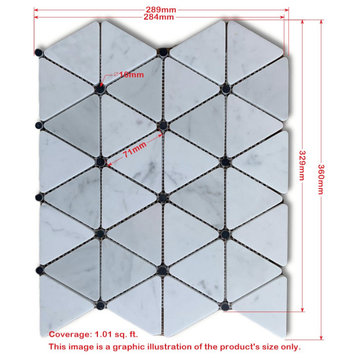White Carrara Marble Triangle Mosaic Tile Emperador Dark Dots Polished, 1 sheet