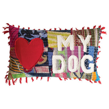 Love My Dog Kantha Throw Pillow Soft Patchwork Multicolor Red Tassel Rectangle