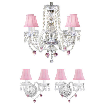 3-Piece Set Crystal Chandelier and 2 Wall Sconces With Pink Crystal Heart