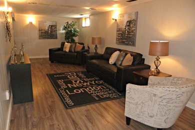 Mid-sized elegant look-out medium tone wood floor and beige floor basement photo in Other with beige walls