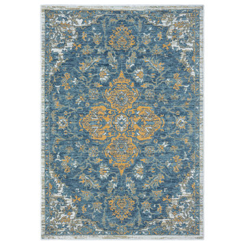 Melody Ivory/Blue Classic Medallion Reversible Indoor/Outdoor Rug 5'3" x 7'