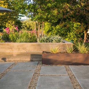 サンフランシスコの大きいコンテンポラリースタイルのおしゃれな裏庭 (ファイヤーピット、砂利舗装) の写真