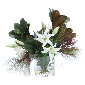 White Casablanca Lilies with Magnolia Foliage and Pine