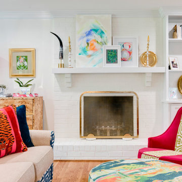 White Brick Fireplace with Artful Mantel and Custom Millwork