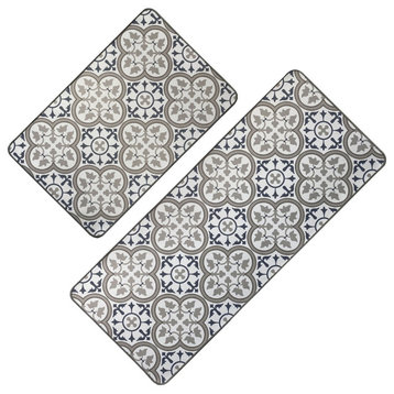 Set of 2 Paco Printed Kitchen Floor Mats Blue and Gray Tile Design