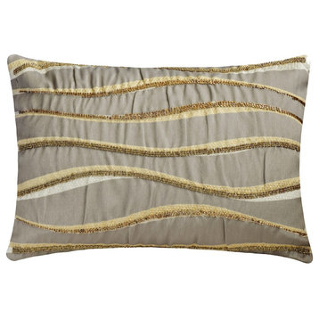 Grey Silk 12"x20" Lumbar Pillow Cover Beaded Jacquard - Flowing