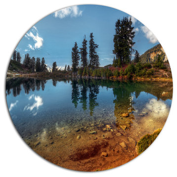 Clear Lake With Row Of Pine Trees, Landscape Round Metal Wall Art, 36"