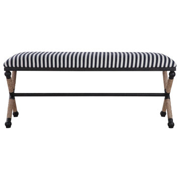 Nautical Rope Striped Long X Bench Coastal Cottage Navy Blue White Cotton Rustic
