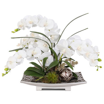 Real Touch Phalaenopsis Orchid, Succulent with Decor Balls in Brown Silver Plate