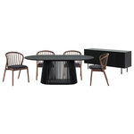 Armen Living - Pasadena Echo 6-Piece Oval Dining Set, Buffet Black Oak Walnut Finish Chairs - Enhance your dining space with the Pasadena Echo 6 Piece Oval Dining Set. This 6-piece dining set includes 1 Pasadena oval dining table, 4 Echo dining chairs with faux leather upholstery, and 1 Pasadena buffet cabinet. The versatile chairs merge style and functionality, making them a perfect addition to your dining room, kitchen, or even as accent pieces throughout your home. Crafted with precision and a keen eye for detail, the Echo dining chairs showcase a stunning combination of wood and easily maintained faux leather upholstery. The Windsor style chair back and angular frame creates a timeless silhouette. With a generous tabletop length of 79 inches and a width of 43 inches, this dining room table features a beautiful solid wood base and concrete bottom for added stability. The retro allure of mid-century design is present in the slatted pedestal base, further elevating its appeal, whilst lending its unmistakable character and attractive, architectural-like quality. The buffet is a seamless blend of form and utility. The four-door design opens to reveal ample storage space with two levels of shelves, ideal for keeping your dining essentials organized and within easy reach. Two matching wooden shelves are included, offering an elegant display area for showcasing your cherished dinnerware or decorative items. The shelves are adjustable to 3 available heights. Use it as a stylish sideboard, an entry cabinet that welcomes guests with its polished charm, or a versatile storage cabinet in the kitchen. Each piece of this 6-piece dining set offers multifunctional appeal and due to the craftsmanship and quality materials it&rsquo;s comprised of it can be enjoyed for many years to come. This dining set is available in multiple color finishes including: an all-black finish with black faux leather upholstery, a black finish table and buffet with walnut chairs and black faux leather upholstery, or a black finish table base and buffet, with walnut tabletop and chairs with black faux leather upholstery.