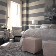 Transitional Bedroom. Stripes and Art. Spa Like Retreat.